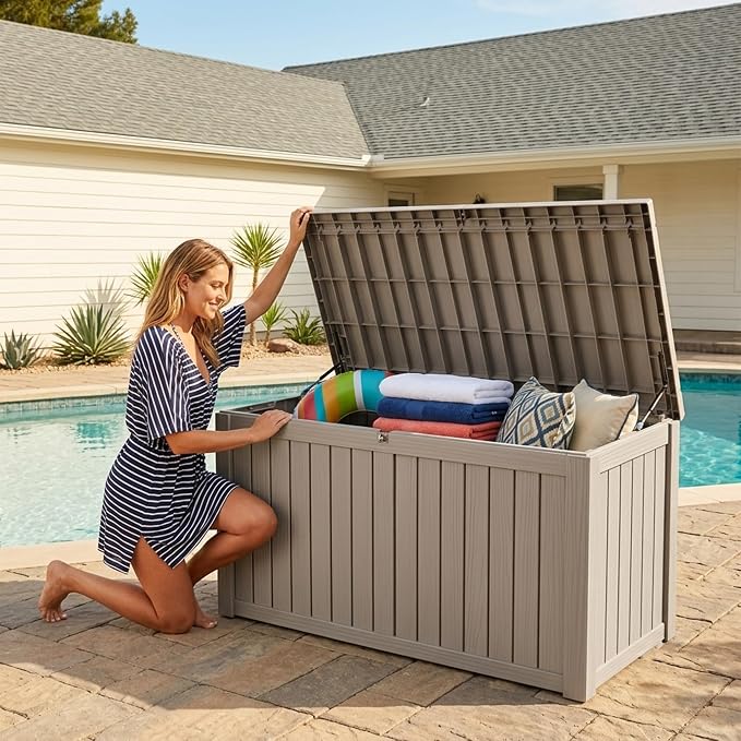 Outdoor Storage Box, 180 Gallon Waterproof Deck Box [Upgraded 3.0], Piston-Lift Tall Standing Cabinet for Oversized Cushions, Lockable Deep Tool Organizer Storage Bench, Large Lawn, Grey