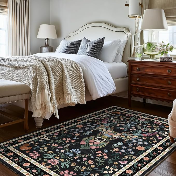 Area Rug Vintage Floral Deer Pattern 4x6 - Bohemian Forest Animal Carpet with Squirrel & Butterfly, Soft Decorative Area Rug for Living Room Bedroom Home Decor