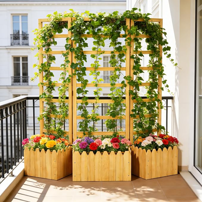 3 Panels Privacy Screen with Planter Box Outdoor,Vertical Raised Garden Bed for Climbing Plants Garden Fence with Trellis & Drain Holes for Vegetables, Flowers on Patio, Balcony & Backyard (Wood2)