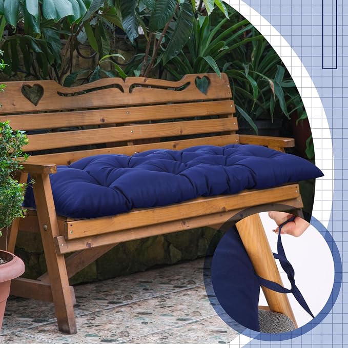 Wenqik Outdoor Bench Cushion 48 x 20 x 3 Inch Waterproof Patio Swing Cushion with Removable Zippered Cover Adjustable Ties Seat Pad for Porch Bench Garden Loveseat (Navy Blue, Classic)