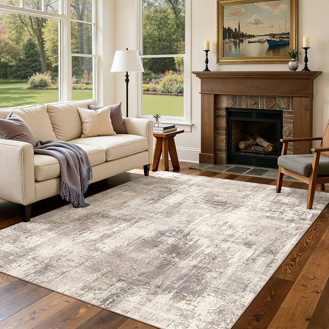 DMOYEST 5x7 Area Rug for Living Room Washable Abstract Indoor Carpet | Neutral Modern Low Pile Rugs Kid & Pet Friendly Soft Thin Carpet for Bedroom Dining Room and Office - Pale Brown