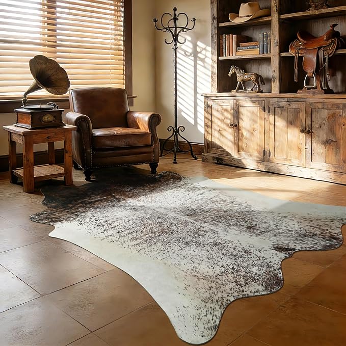 4x5 Cowhide Rug, Washable Faux Brown and White Hide Area Rugs for Bedroom, Southwestern Odd Shape Animal Print Carpet for Under Coffee Table Nursery, Faux Cowhide Fabric Decor