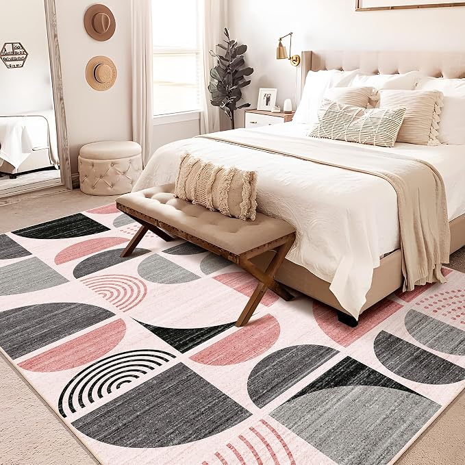 Pink Rug Washable,6x9 Area Rugs Non Slip Modern Abstract Large | Throw Carpet for Living Room Bedroom Dining Room Boho Soft Low Pile Floor Indoor Bohemian Pink and Grey