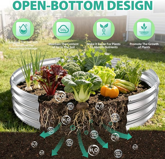 YSEJOMP 6FT Diameter Galvanized Garden Raised Bed/Plant Box/Fire Pit Ring-0.8mm Thick,12 Inch Tall,Crimped Edge and Corner,No Sharpe,Perfect for Plantings (Silver, 72 Dia X 11.5 inches)
