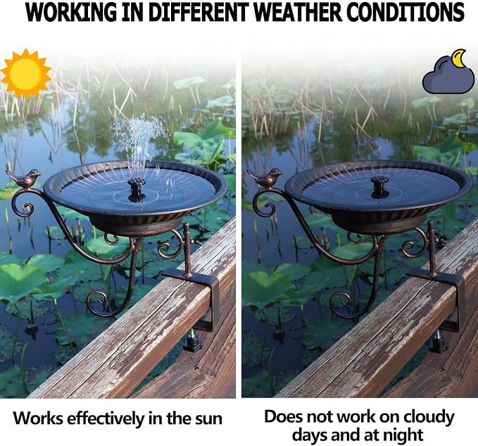 HLQMFHT Solar Bird Bath,Deck Bird Bath with Solar Fountain,Metal Bird Bath Bubbler,Deck Mounted Bird Bath,Adjustable Sturdy Balcony Bird Bath,Patio Garden Decor（Bronze）