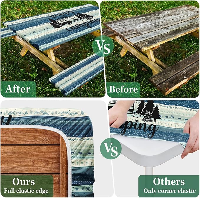 Picnic Table Cover with Bench Covers Elastic Edges, Forest Camper Fitted Table Cover, Outdoor Camping Essentials 72 Inch 3PCS, Waterproof Camping Fitted Tablecloth with Drawstring Bag