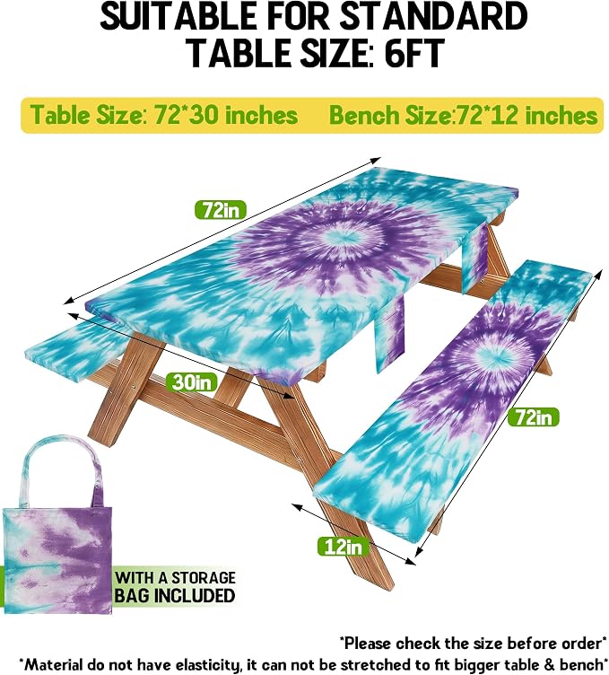 Picnic Table Cover with Bench Covers Waterproof Elastic Rectangle Tablecloth Camping Essentials Supplies Rv Car Travel Must Haves Gear Accessories Fitted Table Cloth Outdoor Road Trip Camper Gifts 6ft