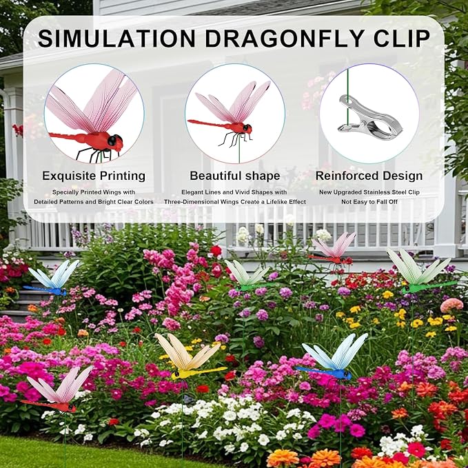 8 Pcs Dragon Fly Clips for Bugs Repel Lent - Lifelike Outdoor Decorative Dragonflies for Patio, Porch, Plants, Yard and Backpack, Waterproof Summer Garden Ornaments