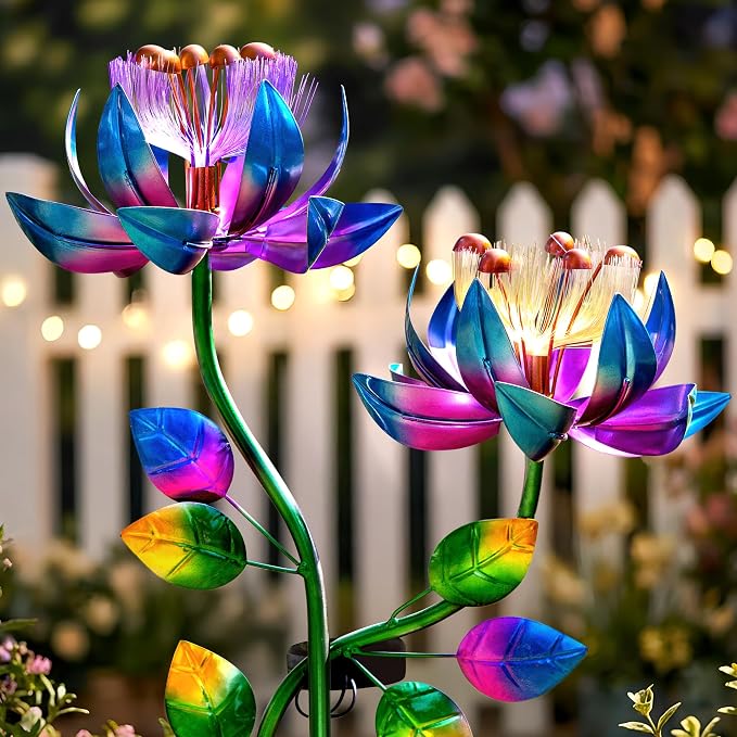 Solar Wind Spinner Outdoor 2-in-1 Garden Decor with LED Lights | Double Lotus Wind Spinner Adds Kinetic Yard Art Charm, Creating A Colorful Rotating Display For Garden Decor, Patio And Lawn