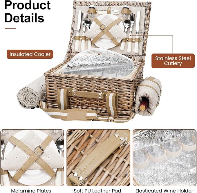 G GOOD GAIN 31Pcs Picnic Basket for 4 - Wicker Picnic Set with Waterproof Blanket & Wine Bag| Large Picnic Hamper with Insulated Cooler & Cutlery Kit for Couples Camping,White Flower,16x12x7.5inch