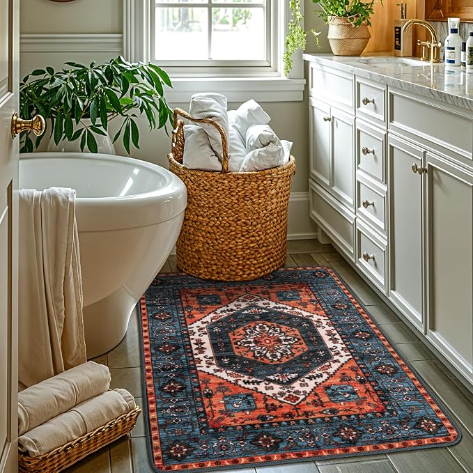 LBRO2M Machine Washable Rug Soft Pet Friendly Carpet 2X3 Rust Teal | Persian Rug 2X3 for Entryway, Kitchen, Bathroom Non Slip Carpet, Foldable Stain Resistant Rugs