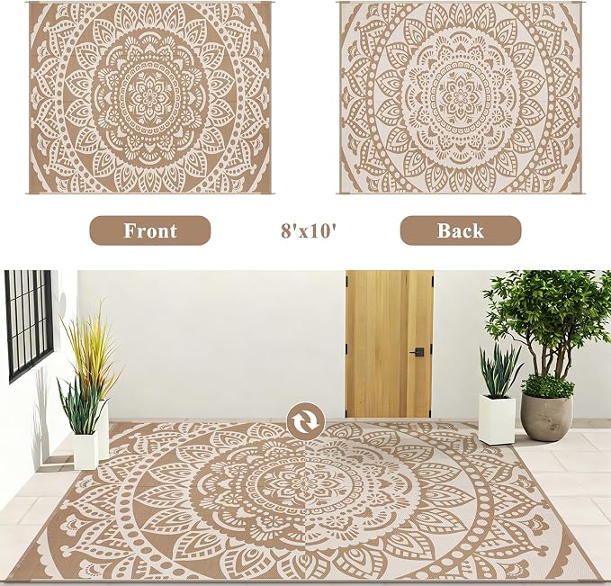 Bsmathom Waterproof Outdoor Rug 8'x10' Brown | Reversible, Boho Plastic Straw, Portable RV Mat, For Patio, Deck, Camping, Porch, Balcony, Backyard, Beach, Pool