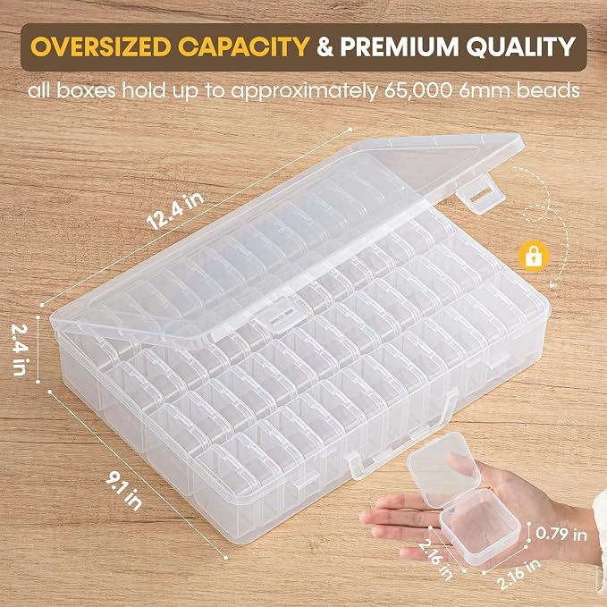 Portable Bead Organizer, 120Pcs Small Clear Storage Boxes with Hinged Lid and Large Craft Case with Handle, Mini Plastic Containers for Jewelry Making Diamonds Arts Screws Seeds Small Parts