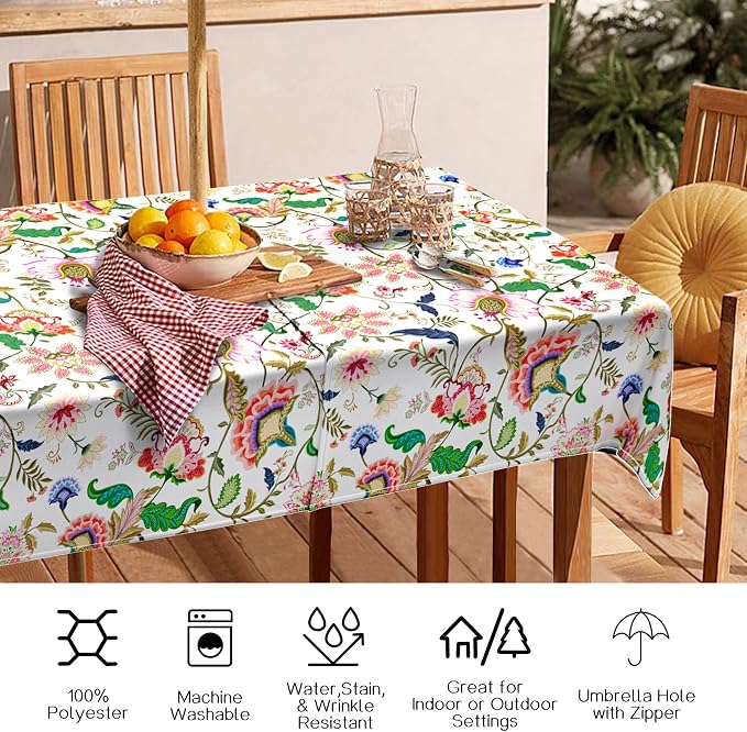 Outdoor Tablecloth with Umbrella Hole and Zipper, Rectangle Patio Table Covers for Spring/Summer, Machine Washable Outdoor Picnic Table Cloth (Jacobean Floral, 60" × 120" Rectangular)