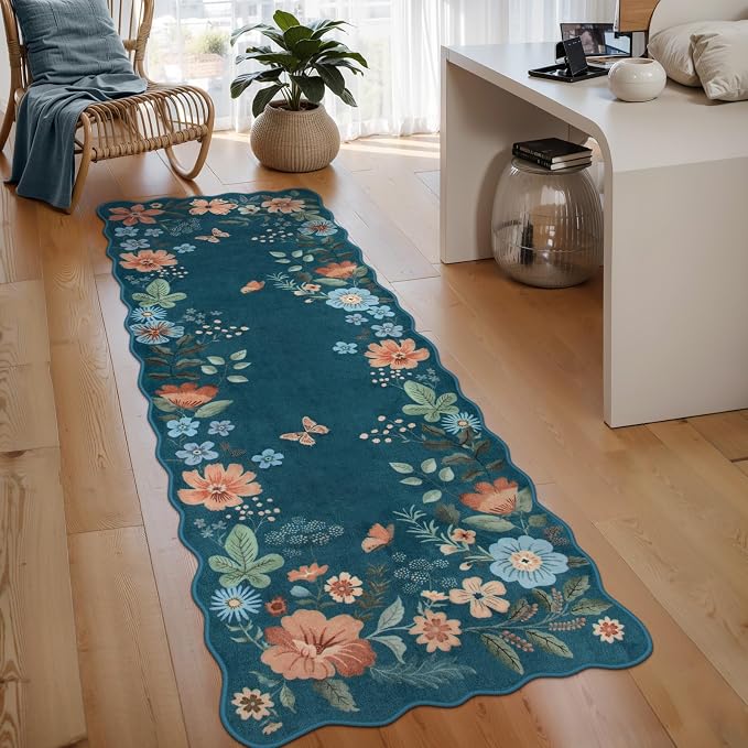 Lahome Floral Kitchen Runner Non-Slip, 2X6 Soft Washable Hallway Runner Rug | Ultra-Thin Stain Resistant Boho Laundry Room Rug Low-Pile Carpet for Bathroom Entryway Bedroom Flore, Navy Blue