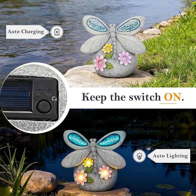 Dragonfly Garden Decor with Solar Cracked Glass Wings & Flower Lights | Solar Outdoor Statue for Patio, Lawn, Yard Ornament Eco-Friendly Housewarming, Birthday Gift for Women