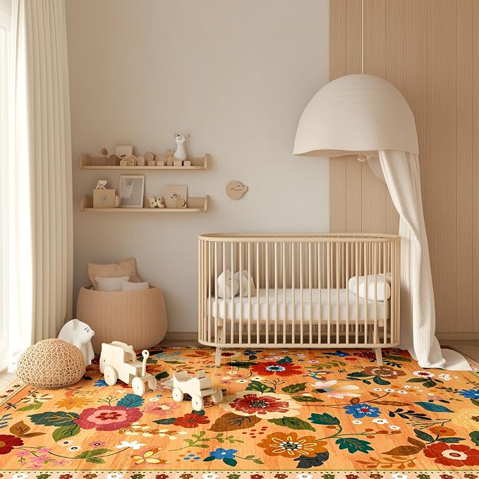 RELEANY Floral Washable 4x6 Area Rugs Orange/Yellow/Red | Flower Carpet, Print, Boho, Non-Slip, Easy to Clean, Soft, Low Pile for Living Room Bedroom Kitchen Office Entryway Hallway