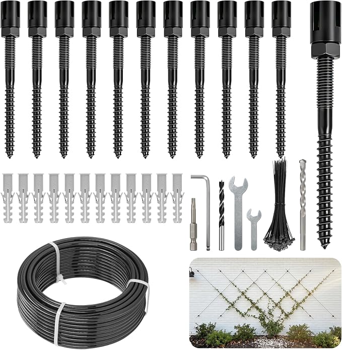 TooTaci Wire Trellis for Climbing Plants Outdoor, 12 Set Black Wall Wire Trellis Kit with 65ft 1/8 Vinyl Coated Cable, Modern Minimalist Support System for Wall, Fence, DIY Plant Training