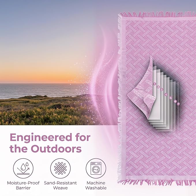 70x70 Bohemian Picnic Mat Extra Large, Sand Proof Outdoor Camping Blanket Machine Washable, Lightweight Portable Travel Tarp for 5-7 Adults Beach Park Grass (Pink-T-Grid)