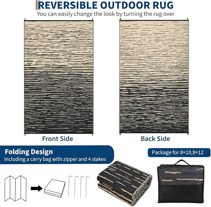 Garvee 5x8 RV Outdoor Rug Waterproof, Modern Striped Outdoor Plastic Straw Rug, Reversible UV Resistant Abstract Outside Rugs for Picnic Backyard Deck Balcony Porch Beach, Black Coffee