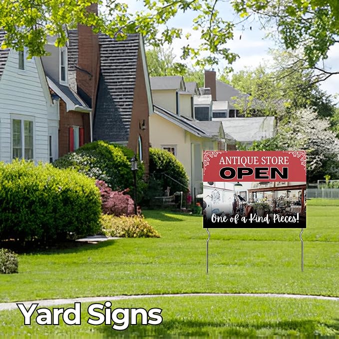 Antique Store Open - One-of-a-Kind Pieces! Yard Sign by DC | 24"x18" Double Sided Conv. Store Garden Sign with 13” Metal Stakes | Outdoor Signs Waterproof for Lawn, Patio, Sidewalk & House | Set of 5