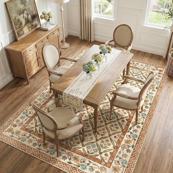 jinchan 6x9 Vintage Floral Washable Large Living Room Area Rug, Terracotta | Soft & Lightweight, Checkered Floral, Low Pile, Non Slip, Bedroom, Dining Room, Girls Room, Home Office, Cottage Decor