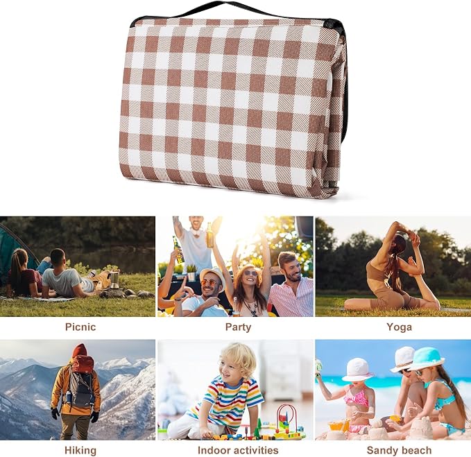 Large Picnic Blanket,78” x 118” Large Camping Blanket,with Handle,Waterproof and sandproof Bottom,Machine Washable,Outdoor Foldable Hiking Blanket,Portable and Easy to Clean (Coffee Grid)