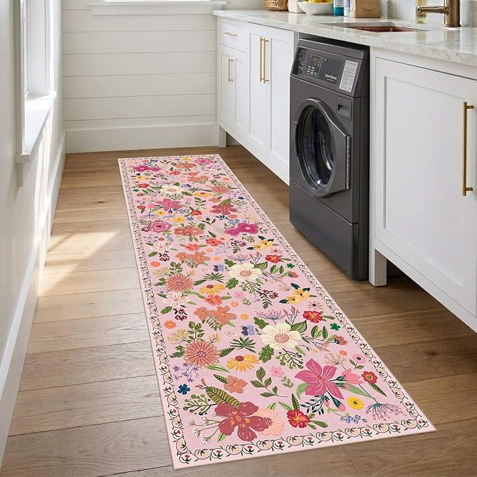 Latte&Fog Pink Washable Hallway Runner Rug 2.6x8 Non Slip Kitchen Rug | Low Pile Soft Cute Throw Rug Doormat for Entrance Bathroom Laundry Bedside Bedroom Nursery Playroom Hallyway Dorm Office