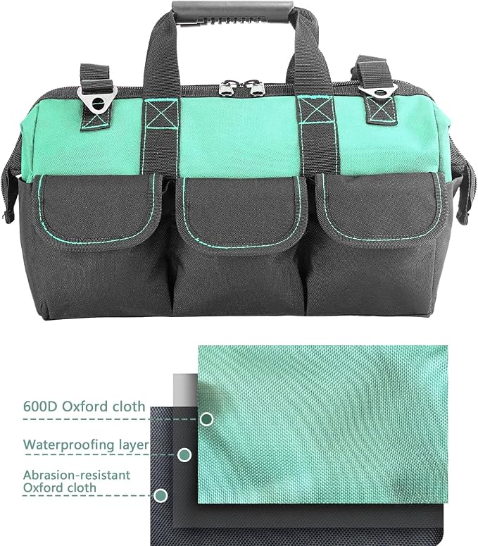 Women Garden Tools Bag 16inch Wide Mouth Tool Bag with Molded Base and Plastic-Padded, Inside Pockets for Tool Storage and Organization,600D polyester fabric (Teal color)