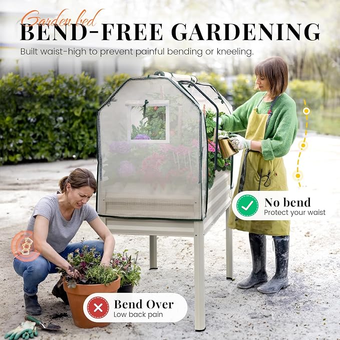King Bird Large Raised Garden Bed with Cover Galvanized Elevated Planter Box with Legs 48×24×56 in for Backyard, Patio, Balcony, 700lb Capacity, Beige