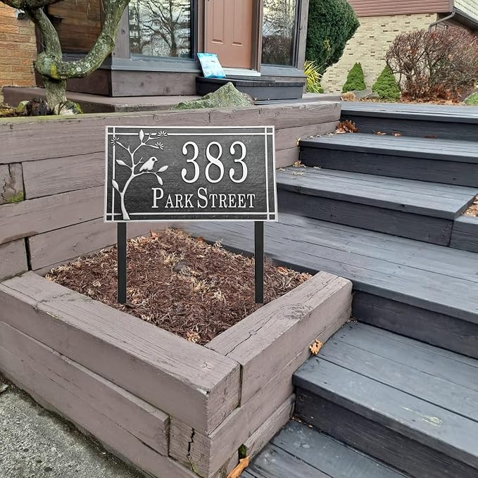 Address Sign Lawn Mounted Metal - Custom House Number Plaque Sign with 2 Metal Stakes,House Address Numbers for Outside House,Yard,Garden,Grass,Ground,Drive Way,Lawn,4 Colors, 13''x 7''