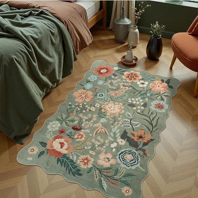 DCX Vintage Floral Washable Area Rug 2x3, Non Slip Low Pile Rug, Sage Green | Rugs for entryway, kitchen, dining room, office, soft, kid & pet friendly, sain resistant indoor carpet, home decor