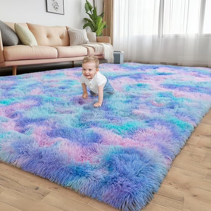 Fluffy Shag Rugs for Living Room 6x9 Purple Rainbow Washable | Upgrade Non-slip, 6 x 9 Large Big Shaggy Area Rug for Girls Bedroom Nursery, High Pile Plush Carpet for Kids Room Dorm