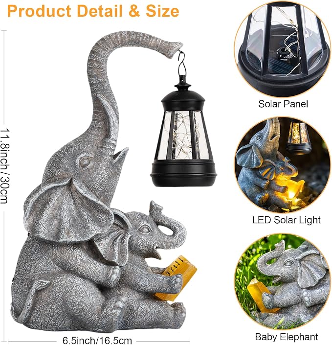 Candieslife Solar Elephant Garden Statue with Lantern, Outdoor Resin Elephant Figurine Lights for Yard Patio Porch Lawn, Weather-Resistant Garden Decor Sculpture, Gifts for Mom Women Grandma
