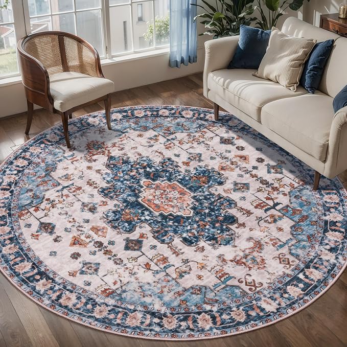 Tangsoo Washable Round Area Rugs 6ft, Vintage Non Slip Large Circle Rug | Boho Soft Circular Rugs,Oriental Large Round Rugs Carpet for Living Room Dining Room Bedroom Nursery Blue/Orange Home Decor