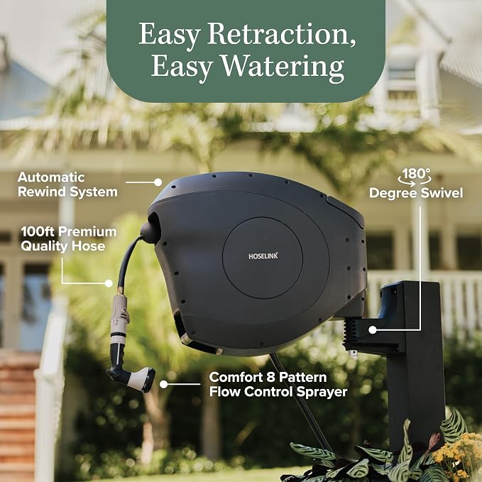 HOSELINK Classic Charcoal 100ft Automatic Retractable Garden Hose Reel, 1/2" UV-Stabilized Kink-Free Hose, Wall Mounted Complete Watering Solution for Backyard, Garden & Outdoor