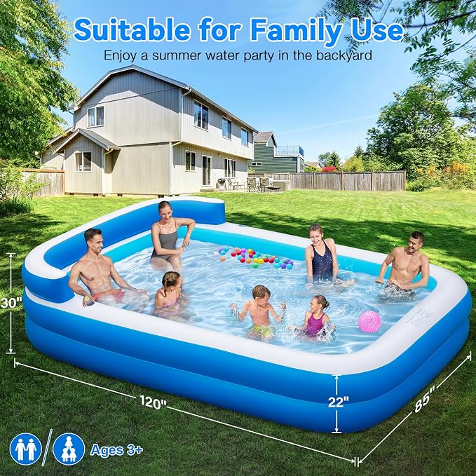 Extra Large Inflatable Pool for Adults 120"x85"x26" – Blow Up Pool with Seats & Backrest, Fits 10 Adults, Air Pump Included, Heavy Duty Above Ground Family Swimming Pool, Inflatable Pool for Backyard