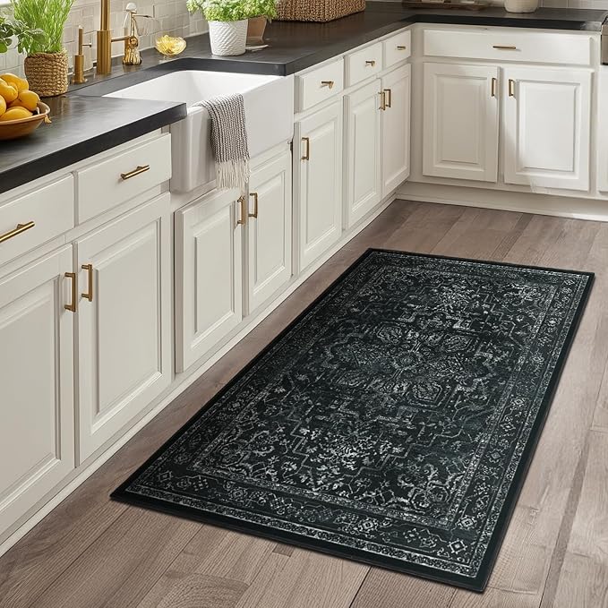 Black Distressed 3x5 Area Rugs for Entryway Foyer, Washable Non Slip Low Pile Throw Rugs for Kitchen, Dark Vintage Medallion Pinted Carpet for Bedroom/Bathroom/Closet/Dorm/Home Office
