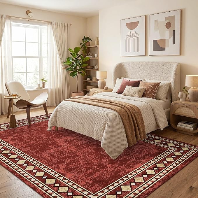 Garvee 8x10 Vintage Border Washable Rugs for Living Room Bedroom Rug, Red | Boho Area Rug Stain Resistant Easy Cleaning Throw Rugs Low Pile Floor Cover for Nursery Dining Room Apartment
