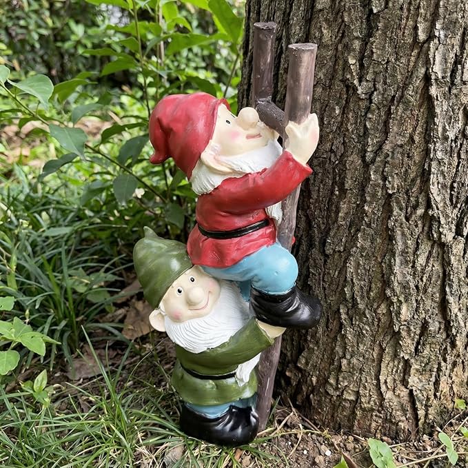 Elenon Funny Gnomes on Ladders Garden Statue, 14“ HIGH Gnomes Climbing Tree Figurine, Resin Outdoor Yard Lawn Decor, Cute Whimsical Patio Ornament for Garden, Porch, Backyard Decoration