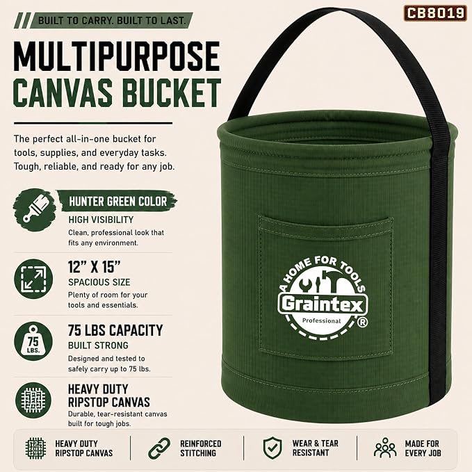 Graintex Canvas Utility Bucket 12"x15", Round Tool Bucket, Reinforced Base & Carry Handle, Ripstop Canvas, Multi-Purpose Bag for Jobsite, Gardening, Home Use, Ideal for Tool Storage Solutions