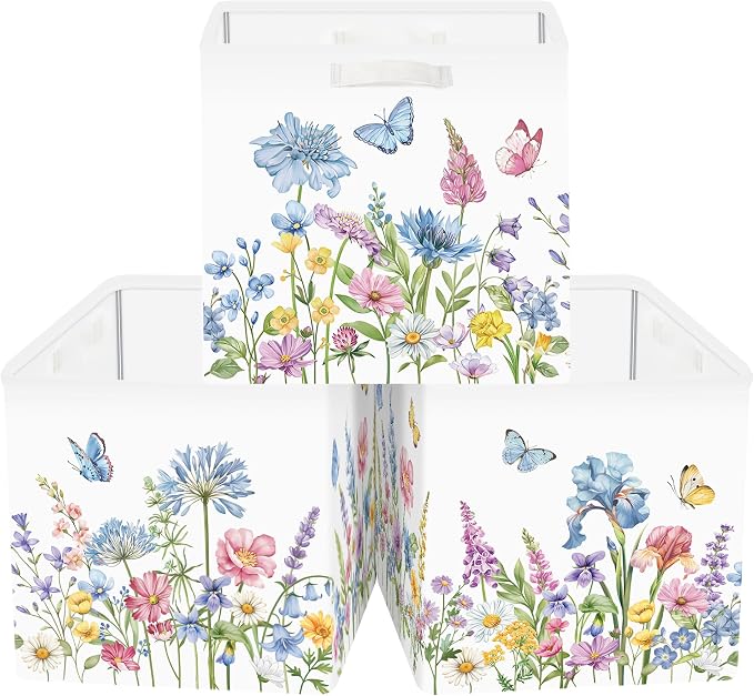 Clastyle Flowers Storage Cube Organizer Set Handle Closet Clothes Cube with Metal Frame Foldable Parents Organizer Storage Basket for Book Toy,Blue Flowers,11.8x11.8x11.8 in