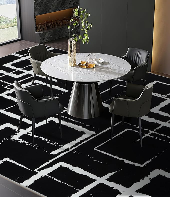Black Modern Geometric Area Rug 8x10, Black and White Rug with Abstract Rectangular Patterns,Non-Shedding Washable Rugs for Bedroom, Home Office and Living Room