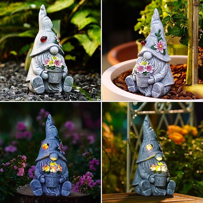 Solar Sitting Gnome with LED Flower Light Garden Decor | Durable resin material for outdoor use, warm LED glow, perfect garden gift for women, moms, housewarming decoration