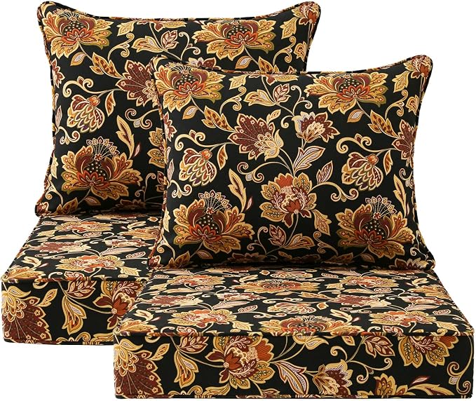 Unimatta Outdoor Patio Chair Cushions Set, 24" x 24", Set of 2, Water-Repellent, Fade Resistant, Deep Seat Bottom and Back Cushion for Backyard, Couch, Sofa and Patio Furniture, Red Yellow Vine Flower