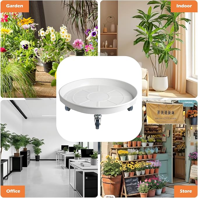 16 Inch Heavy Duty Plant Stand on Wheels, Round Plant Caddy with Wheels for Indoor & Outdoor Use, Metal Rolling Tray for Potted and Small Furniture (White 2Pcs)