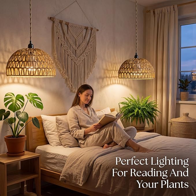 Boho Decorative Hanging Grow Light, Pendant Plant Light for Indoor Plants, Ceiling Grow Lamp with 24H Timer for Plant Corner Bedroom Living Room