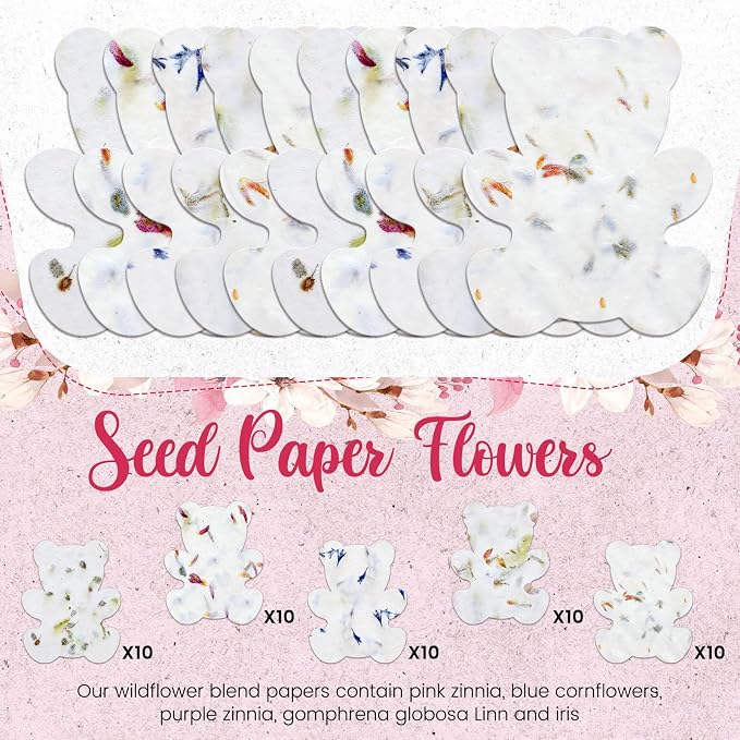 Dunzoom 50 Pcs Handmade Seed Paper Plantable Wildflower Seed Paper Recycled Flower Petals Tags Wedding Favors for Guests Craft Gifts Cards for Envelope Birthday Party, 5 Styles (Bear)