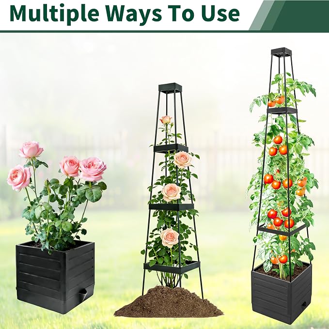 Tomato Planter with Trellis, 57 Inch Self-Watering Planter Box 2-Pack, Grey Planter with Metal Support for Outdoor Indoor Climbing Plants