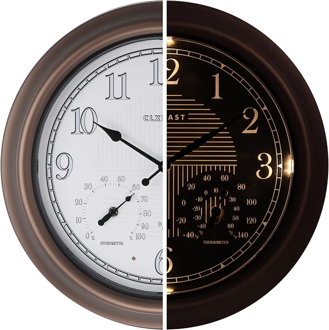 CLXEAST 18 Inch Illuminated Outdoor Indoor Atomic Analog Wall Clock with Temperature & Humidity, Lighted Outdoor Clocks for Patio Large Waterproof with Thermometer,Bronze Finish,House Warming Gifts